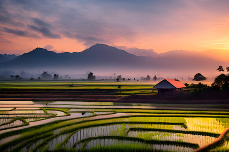 Rice field in the morning at Thailandの素材