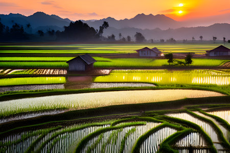 Rice field in sunset time at  Thailandの素材