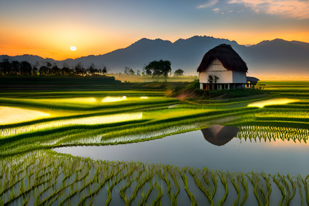 Rice field in the morning at Thailandの素材