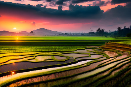 Sunset over rice terraces in Bali, Indonesia. Beautiful landscapeの素材
