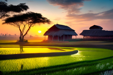 Rice field with hut at sunrise, Bali island, Indonesiaの素材