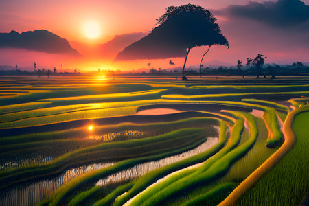 Rice terraces at sunset in Vietnam. Nature landscape background.の素材