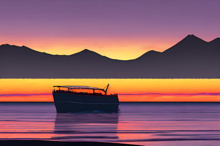 Fishing boat in the sea at sunset with mountains in the backgroundの素材