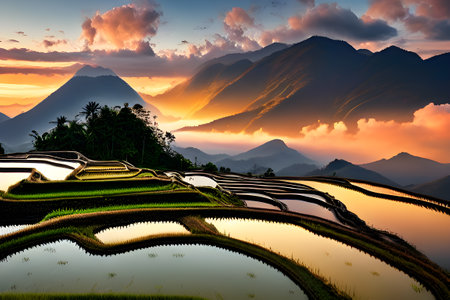 The Terraced rice field at sunset in Thailandの素材