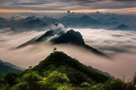 Mountain landscape in the early morning with fog and mist,Thailandの素材