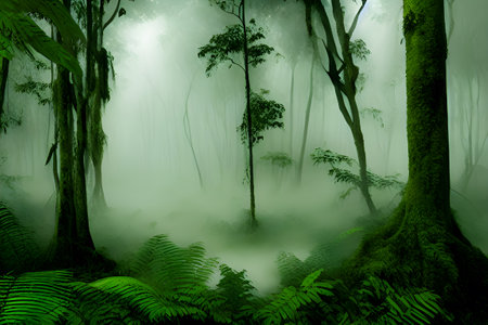 Tropical forest with fog in the morning,3d renderの素材