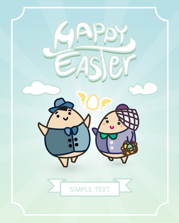 Easter egg characters  greeting card with blue and green backgroundのイラスト素材