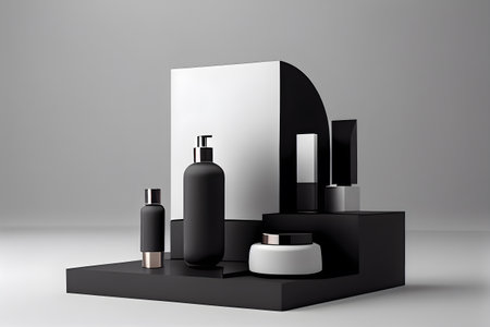 Cosmetic products on the black podium with grey background. AI Generativeの素材