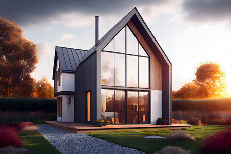 modern house with a garden and sunset in the background. AI Generativeの素材