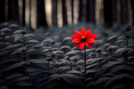 Red flower in the dark forest with copy space. Nature background. AI Generativeの素材