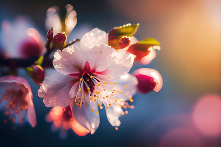 Apricot blossom in the morning light. Beautiful spring background. AI generativeの素材