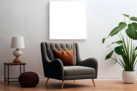 Interior of living room with grey armchair, lamp and plant and mockup poster. AI generativeの素材