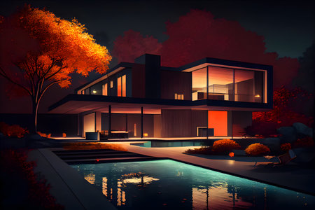 Modern cozy house with pool and parking for sale or rent in luxurious style and beautiful landscaping on background. Clear summer night. AI generativeの素材