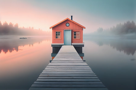 Foggy morning on the lake with a small orange Scandinavian style cabin. AI Generativeの素材