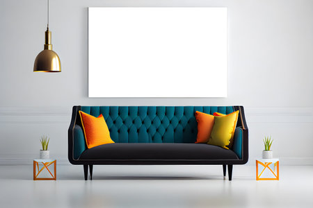 Interior of modern living room with sofa, lamp and mockup poster. AI Generativeの素材