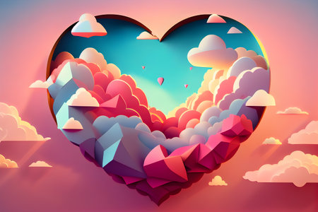 Valentine's day background with origami style heart and clouds. AI Generativeの素材