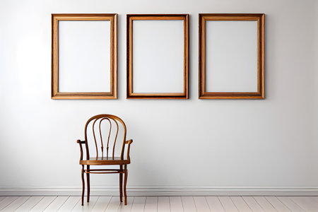 Three empty picture frames on the wall with a chair. AI Generativeの素材