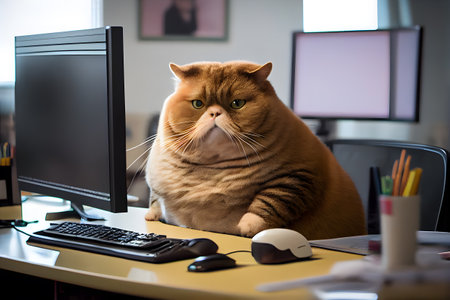 Fat cat sitting at the office with computer. AI Generativeの素材