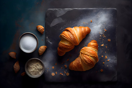 Top view of two croissants with a Marble background. AI Generativeの素材