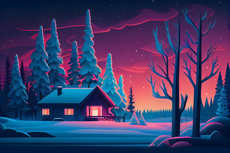 A winter landscape in Lapland neon colours soft illustration. AI Generativeの素材