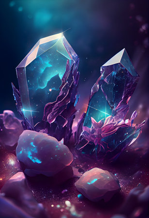Purple and blue crystals on a dark background with light effects. AI Generativeの素材