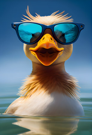 Cute duck in sunglasses on blue water background. AI Generativeの素材