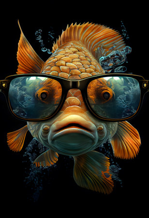 Goldfish with glasses on a black background. AI Generativeの素材
