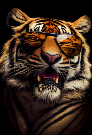 Portrait of a tiger wearing sunglasses. Isolated on black background. AI Generativeの素材