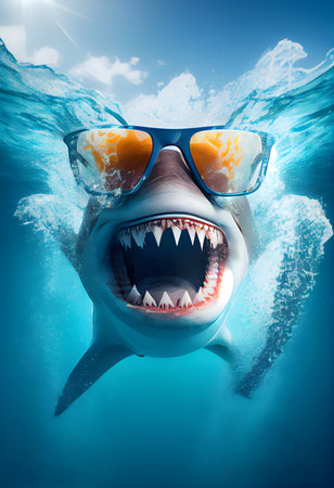 Great white shark in sunglasses swimming underwater. Underwater world. AI Generativeの素材