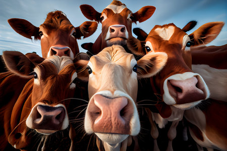 Herd of cows in the field at sunset, close-up. AI Generativeの素材