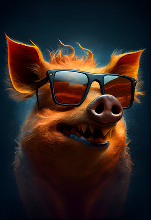 Funny boar pig with sunglasses on dark background. AI Generativeの素材
