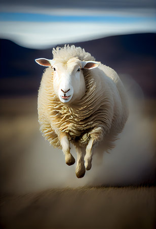 Sheep jumping on a field in the sunset light. Shallow depth of field. AI Generativeの素材