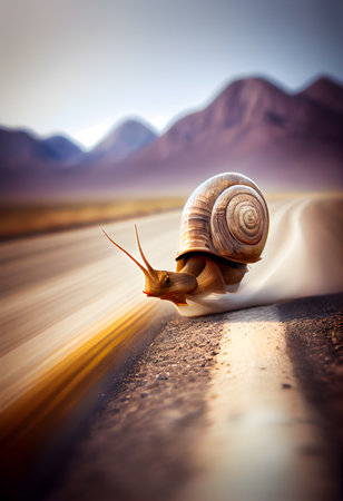 Snail running on the road in the desert. AI Generativeの素材