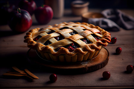 Homemade pie with berries on a wooden background. AI Generativeの素材