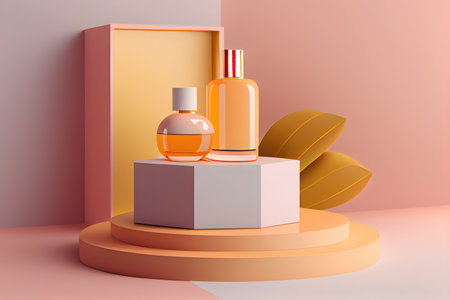 Perfume bottle on the podium. Minimalistic composition. romantic tone. AI Generativeの素材