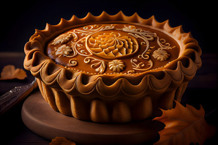 Halloween pumpkin pie on a wooden table with autumn leaves. Toned. AI Generativeの素材