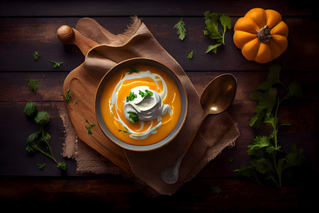 Pumpkin soup with cream and parsley on dark wooden background. AI Generativeの素材