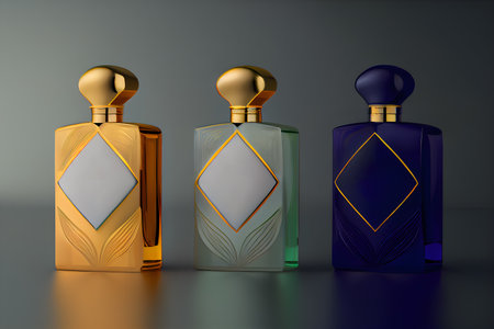 3 Perfume bottles gold, green and blue on dark background. Mockup. AI Generativeの素材