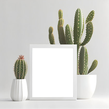 Blank picture frame with cactus in a pot. AI Generativeの素材
