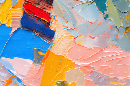 Painting closeup texture background with blue, orange, yellow, and red colours. AI Generativeの素材