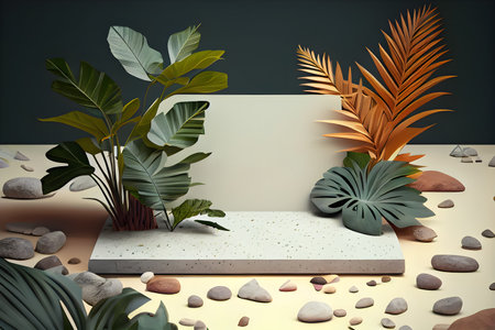 geometric podium with tropical plants and stones on the floor. AI Generativeの素材