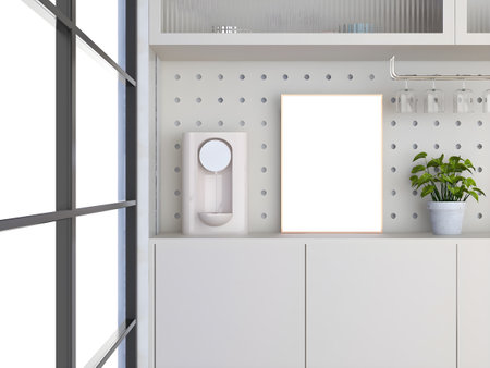 Interior of modern bathroom with white walls, concrete floor, white cupboards and wooden sink with the vertical mockup poster frame. AI Generativeの素材