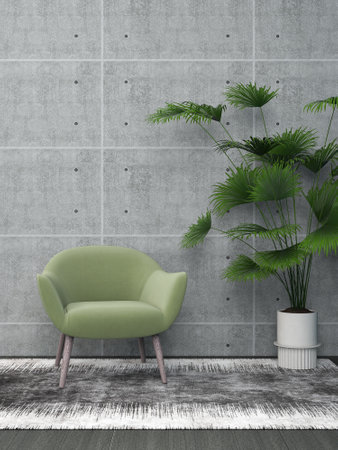 green armchair in the modern living room with concrete wall and green plant. AI Generativeの素材