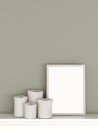 Mockup poster frame in the interior background with a group of candles. AI Generativeの素材