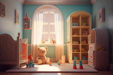 children's room interior with a teddy bear and toys. AI Generativeの素材