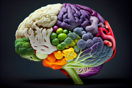 The human brain is made of different vegetables on black background. AI Generativeの素材