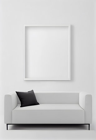Modern interior with white sofa and blank poster mockup on the wall. AI Generativeの素材