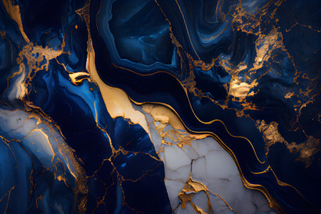 Blue and gold abstract marble background. Marbling artwork texture. Agate ripple pattern. Gold powder. AI Generativeの素材