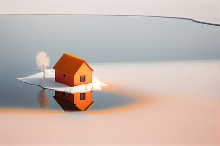 House on the water in the winter at sunset. AI Generativeの素材