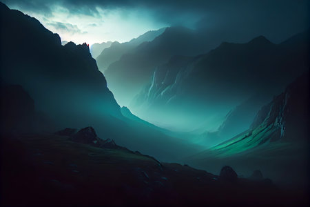 Fantasy landscape with mountains and fog. AI Generativeの素材